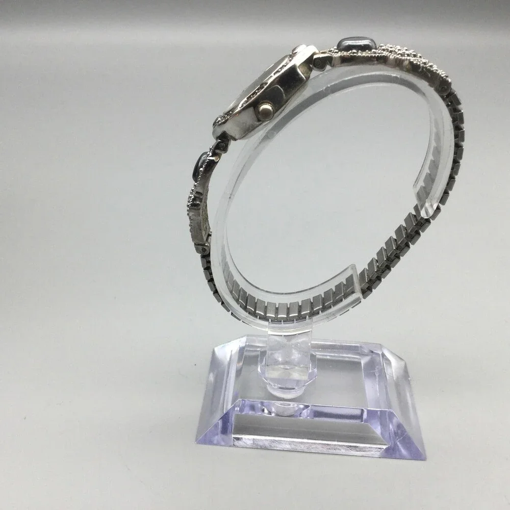 LA Express Womens Watch 18mm MOP Dial Silver Tone Marcasite Stretch New Battery